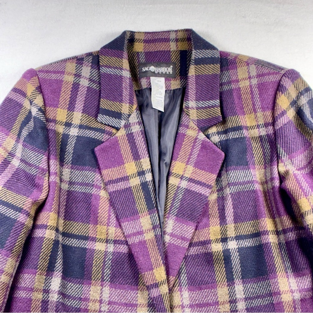 Vintage Sag Harbor Woman Plaid Wool Blend Blazer Jacket Purple Navy Size 18W